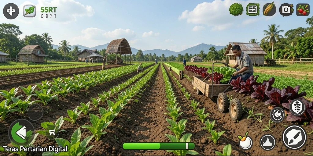 Screenshot gameplay 55RT menampilkan aktivitas bertani yang seru.