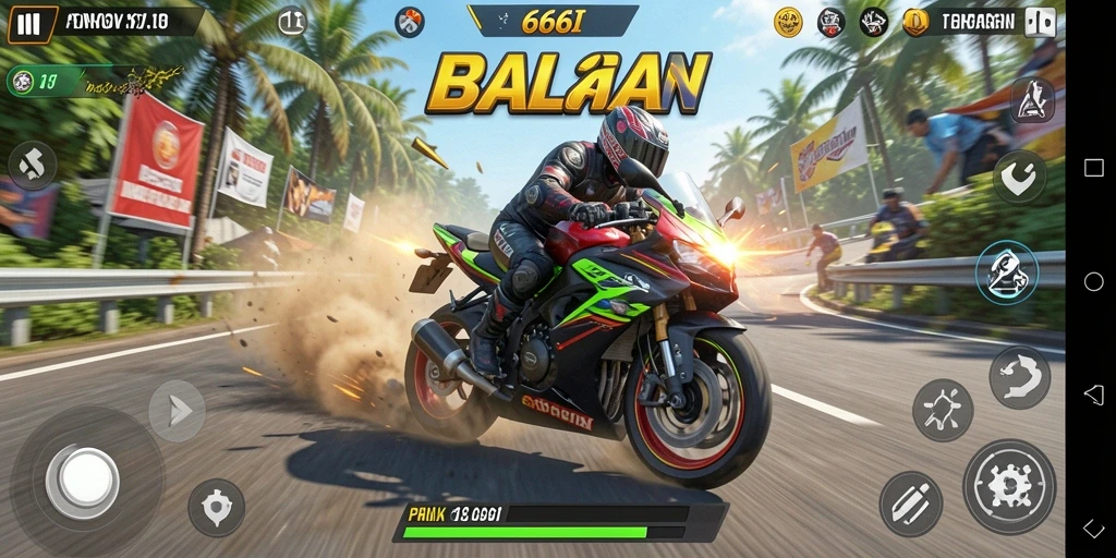Tampilan gameplay dari game balapan motor yang mendebarkan.