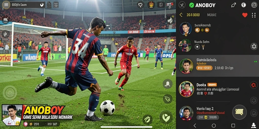 Screenshot ANOBOY menampilkan aksi permainan sepak bola yang intens.