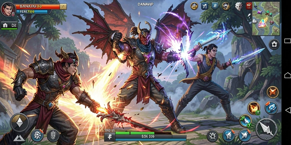 Tangkapan layar gameplay <strong>DANAVIP</strong> yang menampilkan aksi pertarungan seru.