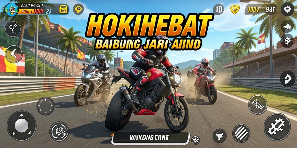 Screenshot gameplay HOKIHEBAT menampilkan aksi balapan motor yang mendebarkan.