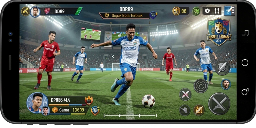 Tangkapan layar menunjukkan pertandingan sepak bola yang intens di IDR89.