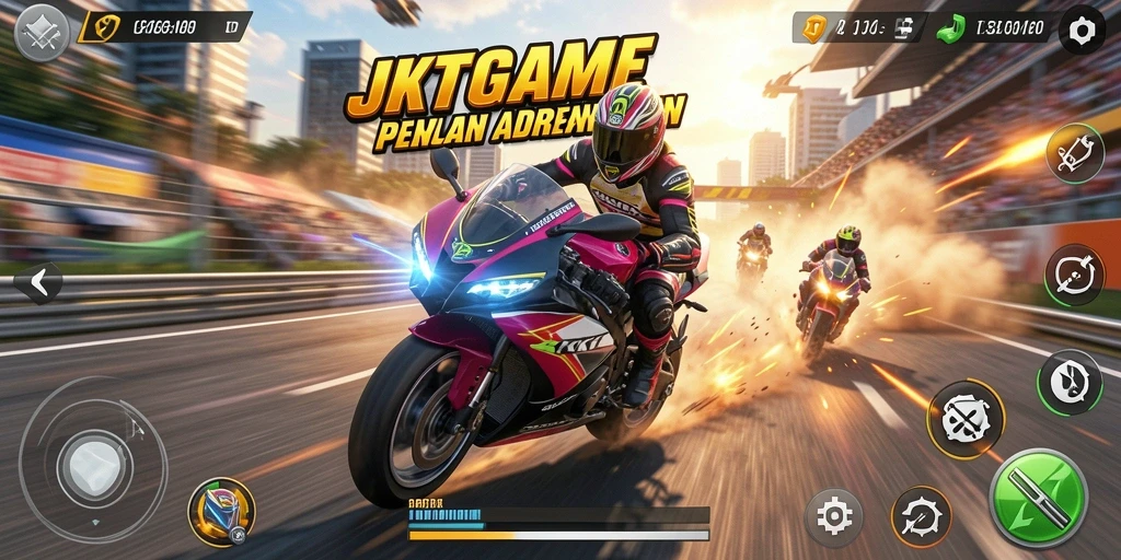 Tampilan skrin gameplay balapan motor yang mendebarkan.