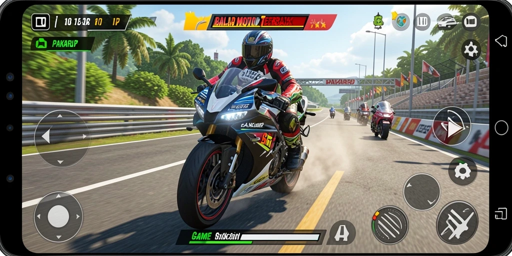 Screenshot gameplay PAKARJP menampilkan aksi balap motor yang mendebarkan.