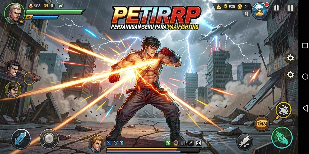 Screenshot utama PETIRRP saat pertarungan berlangsung.