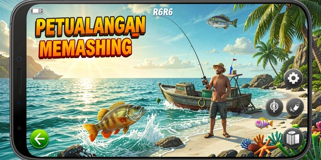Tampilan gameplay R6R6 dengan aktivitas memancing yang seru.