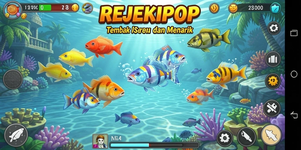 Tampilan gameplay seru dalam REJEKIPOP saat menembak ikan.