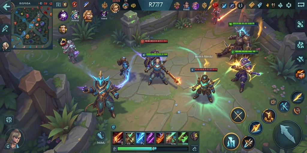 Screenshot gameplay RR777 menampilkan aksi pertempuran seru di arena MOBA.