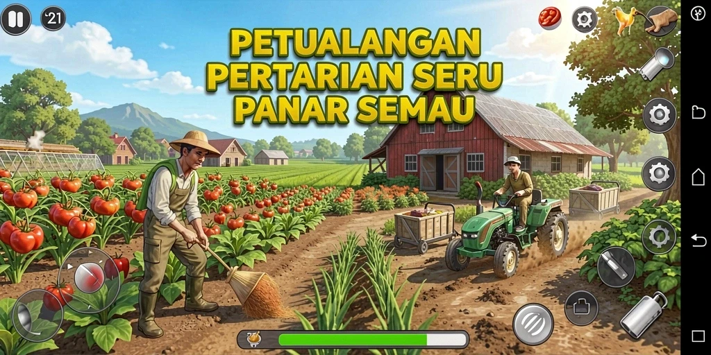 Tampilan gameplay V21 dengan aktivitas pertanian yang seru dan interaktif.