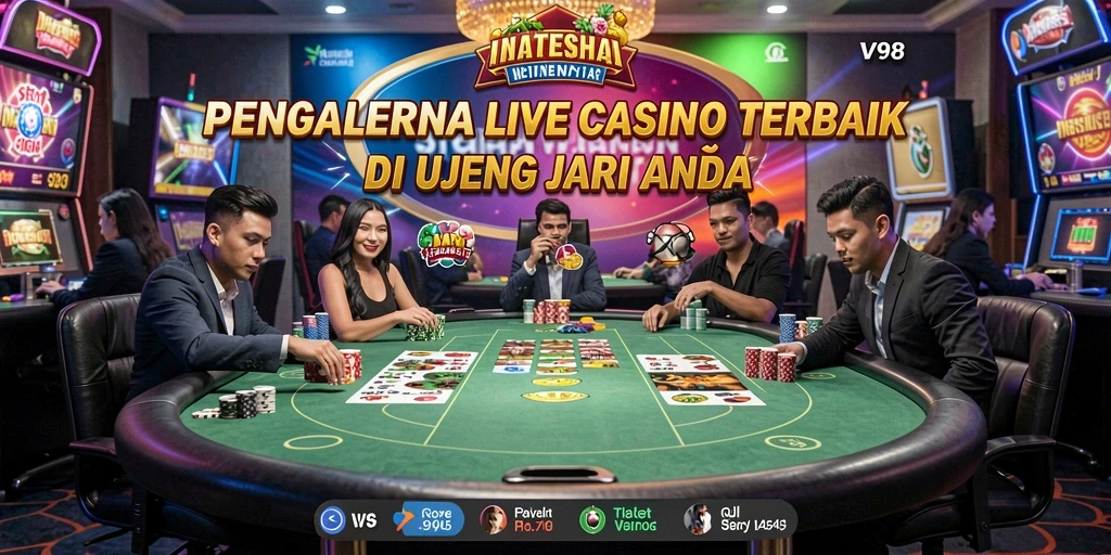 Screenshot menampilkan gameplay Live Casino dengan dealer langsung dan interaksi pemain.